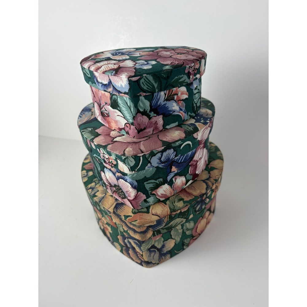 Vintage Floral Chintz Heart Nesting Boxes Set of 3 Cottage-core Nesting